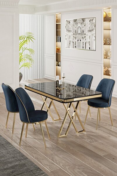 Canisa Vals Serisi 80x130 Lak Panel Siyah Mermer Desen Masa Takımı Gold Ayaklı 4 Antrasit Sandalye