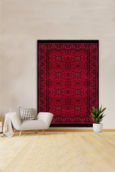 kilim home Mars 2008 Kırmızı Tonda Bordürlü Geometrik Afgan Desen Kaymaz Taba...