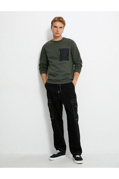 Koton Crew Neck Sweatshirt Zippered Pocket Detailed Ribbed Ribbon
