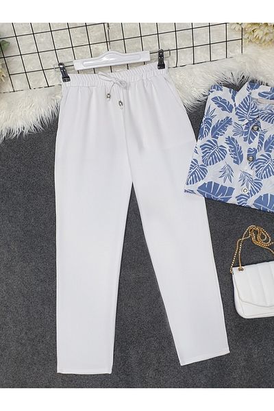 Modamorfo Elastic Waist Double Pocket Trousers with Lace Detail - White