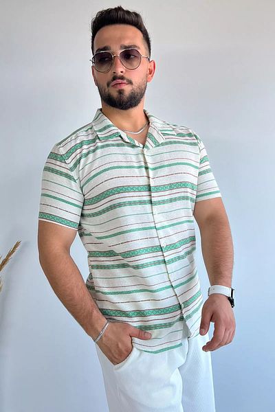 MİSHAR İTALİA Λινό πουκάμισο Creamy Green Slim Fit ριγέ