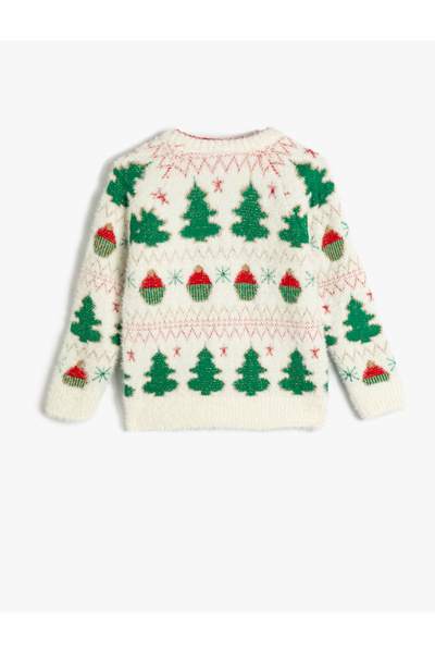 Koton Коледен пуловер с шарено кръгло деколте и дълъг ръкав