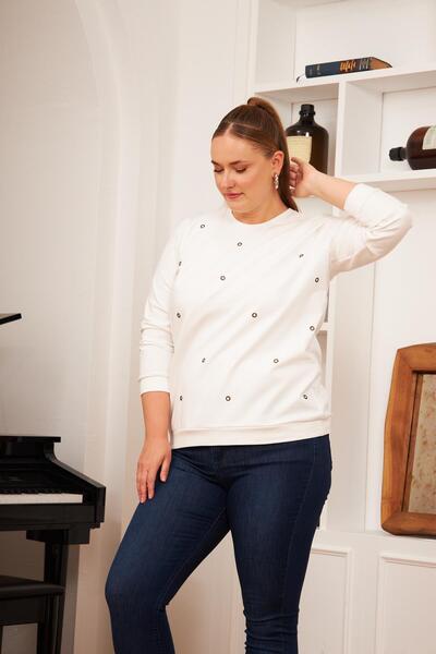 RMG White Large Size Stone Printed Sweatshirt