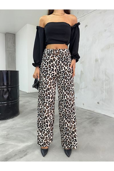 BİKELİFE Damen-Palazzo-Hose mit Leopardenmuster und Gürtel und hoher Taille