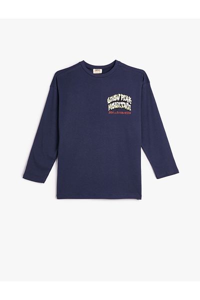 Koton T-Shirt Long Crew Neck Text Print Detailed Cotton