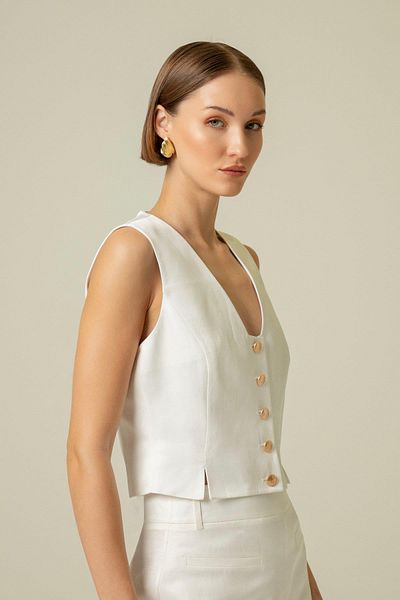 rue. Ecru Crop Vest - Gold Button Detail, V-Neck