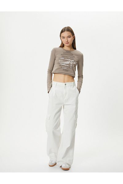 Koton Crop μακρυμάνικο T-shirt Crew Neck Slim Fit Cotton