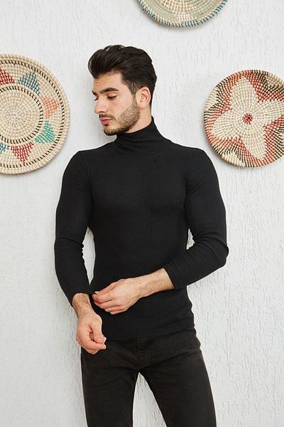 FAVORİM Мъжки черен пуловер с висока яка от ликра