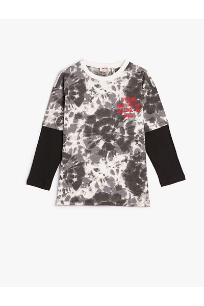 Koton Batik Patterned T-Shirt Long Sleeve Crew Neck Slogan Printed Cotton