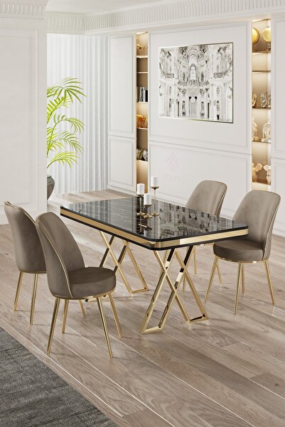Canisa Vals Serisi 80x130 Lak Panel Siyah Mermer Desen Masa Takımı Gold Ayaklı 4 Cappucino Sandalye