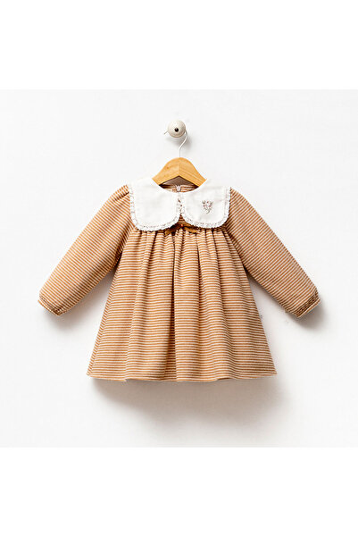 Ma Moi Baby Violet Bej Çizgili Nakışlı Kız Bebek Elbise