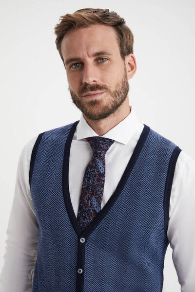 Hemington Çizgi Desenli Lacivert Merino Yün Triko Yelek