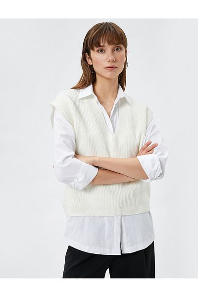 Koton V-Neck Sweater Knitted Ribbed