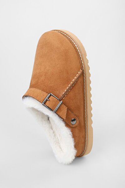 Shoeberry Women's Saboi Tan Suede Furry Flat Slippers