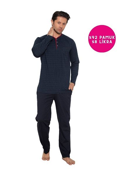 bie's Plus Size Navy Blue Buttoned Cotton Lycra Long Sleeve Seasonal Pajama Set with Chest Pocket