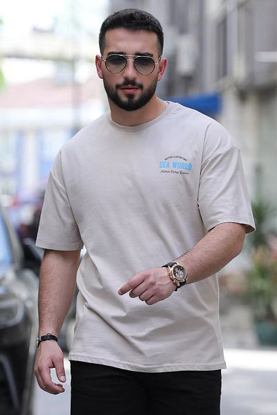 MİSHAR İTALİA Μπεζ ανδρικό μπλουζάκι με στάμπα μπροστά και πίσω