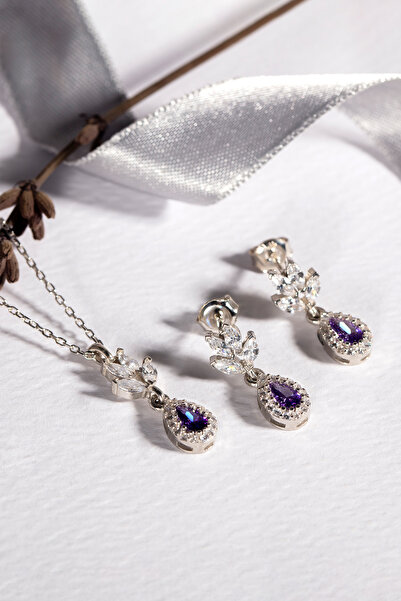 Else Silver Markiz Pırlanta Modeli Damla Taş Sallantılı Takı Seti - Mor