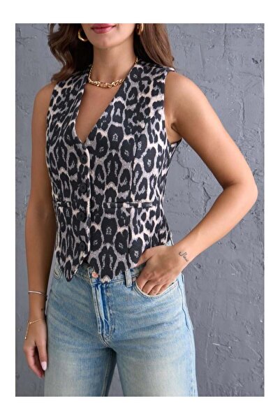 HARMONY GLOBAL Жіночий сірий преміум-якості жилет з підкладкою та леопардовим принтом 60347-2