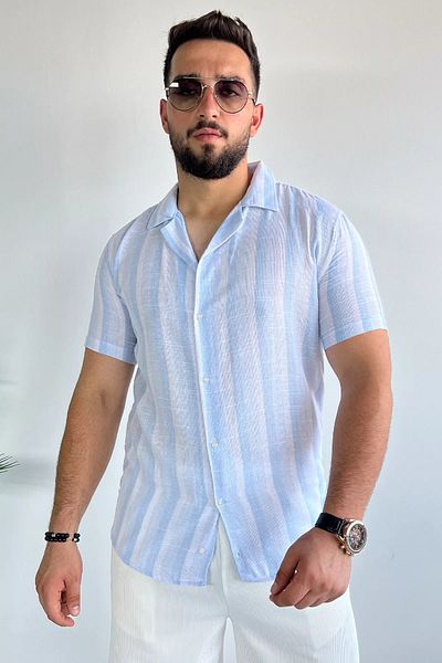 MİSHAR İTALİA Синя ленена риза Slim Fit с шарки