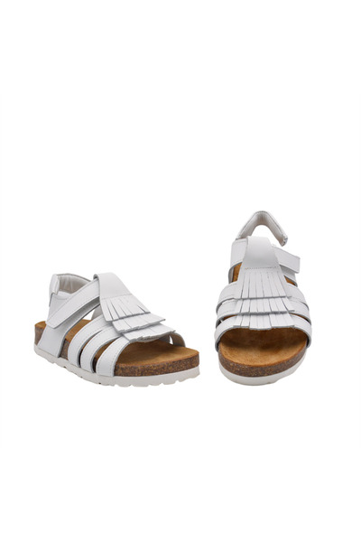 kids A more Loren Tek Cırtlı Püsküllü Deri Kız Çocuk Sandalet Beyaz