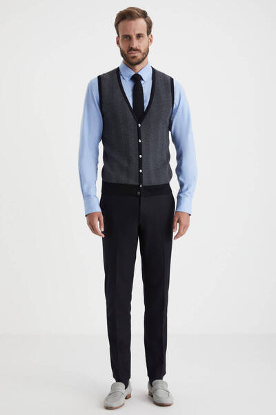 Hemington Çizgi Desenli Siyah Merino Yün Triko Yelek