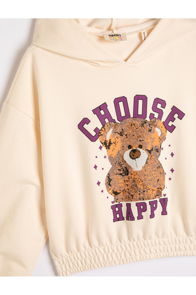 Koton Kapşonlu Sweatshirt Ayıcık Baskılı Beli ve Manşetleri Lastikli Uzun Kollu