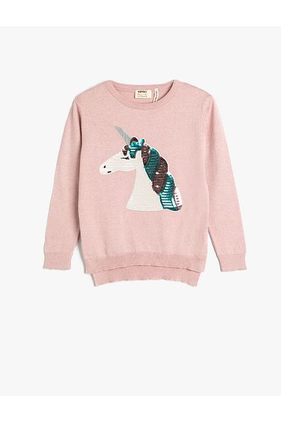 Koton Unicorn Sweater Long Sleeve Crew Neck Sequin Embroidered
