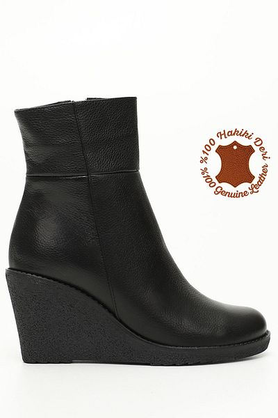 GÖNDERİ(R) Schwarze Floater-Damenstiefel aus echtem Leder mit Reißverschluss und Keilabsatz