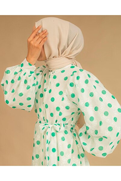 Meri Store Puantiye Desenli Yeşil Elbise