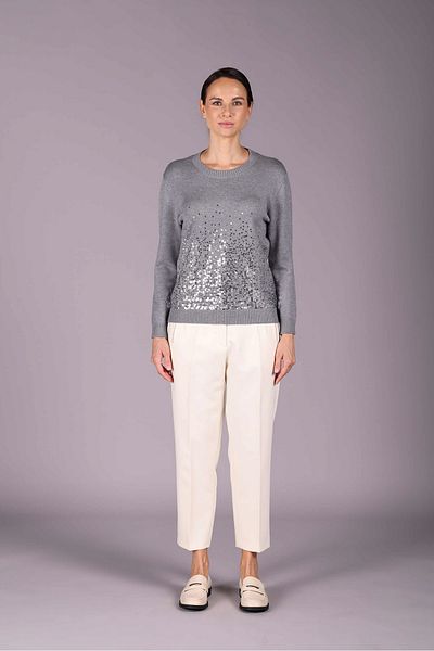 Sempre Women's Crew Neck Sequin Detailed Long Sleeve Knitwear Sweater 2572 Gray