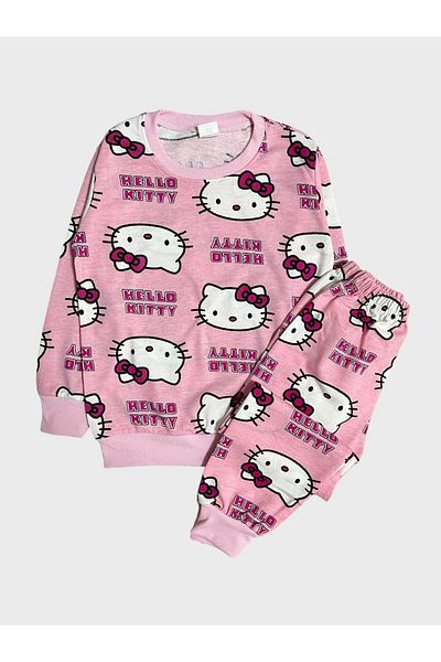 Fil Kids Girl's Cotton Pink Hello Kity Patterned Long Sleeve Seasonal Pajamas Set