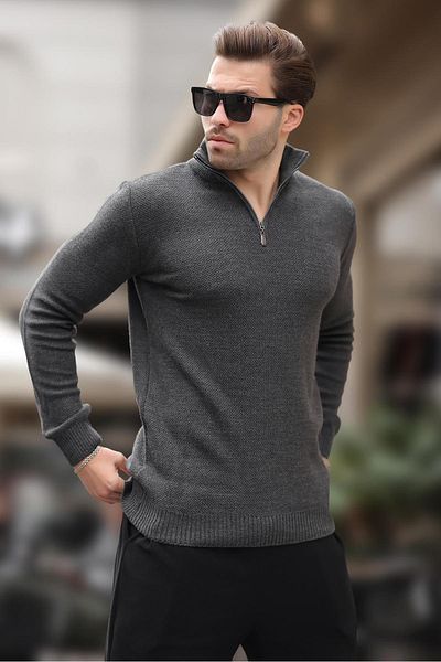Madmext Anthracite Zipper Collar Long Sleeve Knitted Sweater 7286