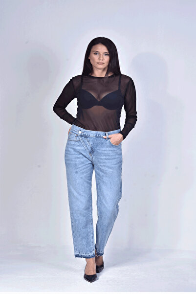 Kadın Yüksek Bel Yandan Düğmeli Denim Kot Pantolon