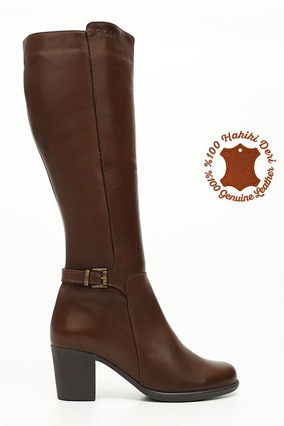 GÖNDERİ(R) Women/Girls Brown Antique Zippered Thick Heeled Genuine Leather Boots