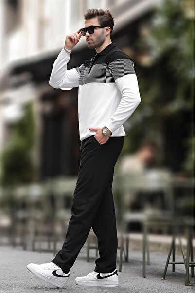 Madmext Beyaz Fermuar Yaka Renk Bloklu Uzun Kollu Kazak 7262