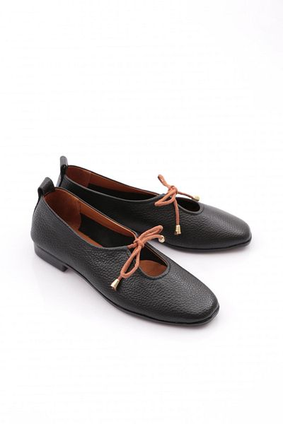 DGN Women's Bow Detailed Ballerina Ballerina Genuine Leather Black Floater 6129371010