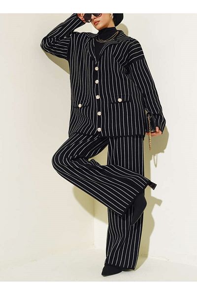 Lavanta Tekstil Black Striped Knitwear Hijab Set - with Double Jacket