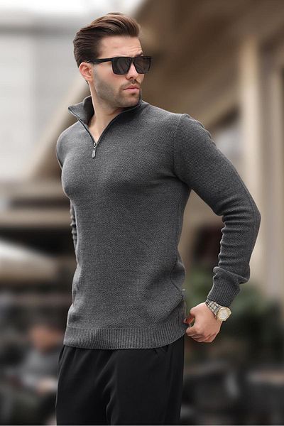 Madmext Anthracite Zipper Collar Long Sleeve Knitted Sweater 7286