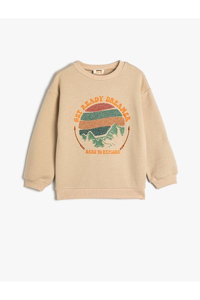 Koton Sweat Long Sleeve Crew Neck Nature Themed Embroidered Ribbon