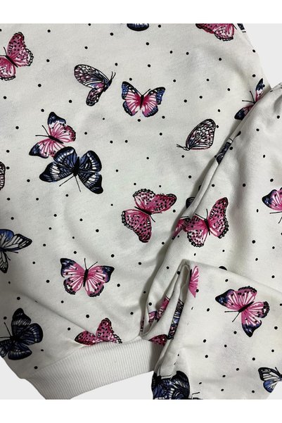 Fil Kids Girl's Cotton White Butterfly Patterned Long Sleeve Seasonal Pajamas Set