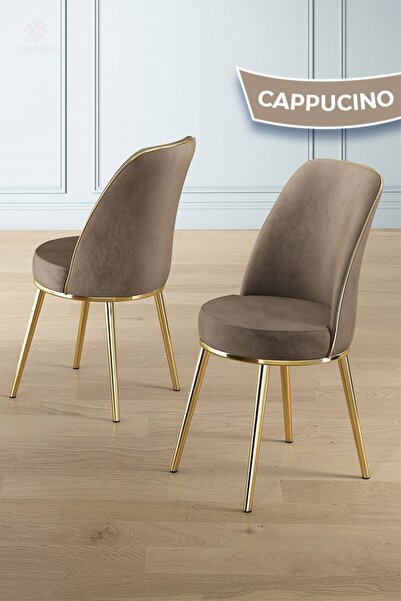 Canisa Vals Serisi 80x130 Lak Panel Beyaz Mermer Desen Masa Takımı Gold Ayaklı 4 Cappucino Sandalye