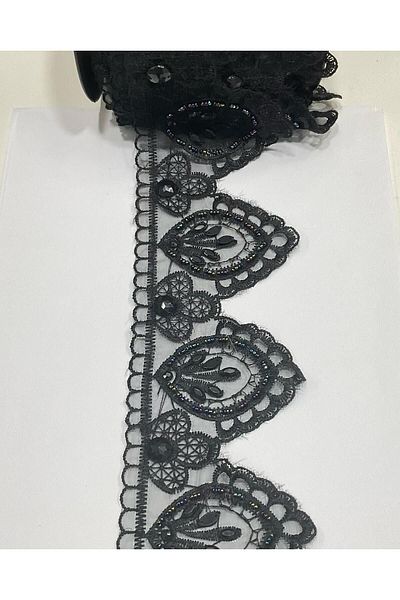 karantuhafiye Beaded Guipure Strip / Black / 1 Meter