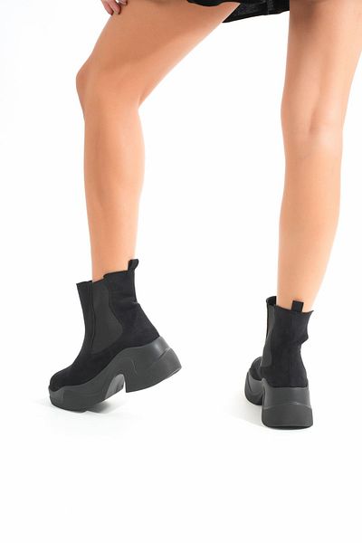 serkanseyyid FZ-2400 Ghete de damă de zi cu zi cu talpă înaltă din piele intoarsa neagra