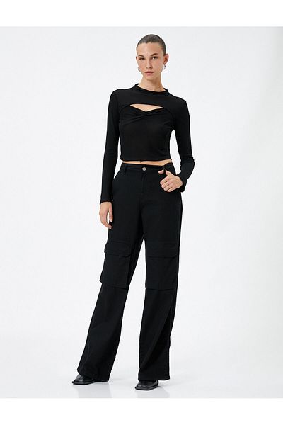 Koton Long Sleeve Window Detailed Draped Crop Bodysuit