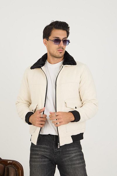 DAMGA JEANS Ανδρικό μπουφάν με γούνινο γιακά από βαμβάκι Bomber Stone College