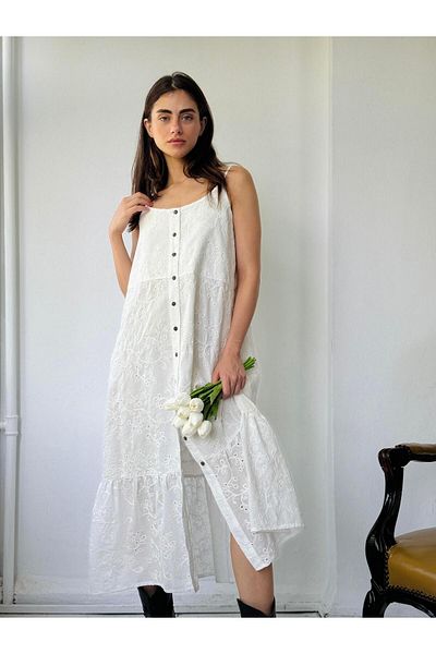 Retrobird Rochie de damă Adel Brode cu bretele albe
