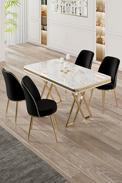 Canisa Vals Serisi 80x130 Lak Panel Beyaz Mermer Desen Masa Takımı Gold Ayaklı 4 Siyah Sandalye