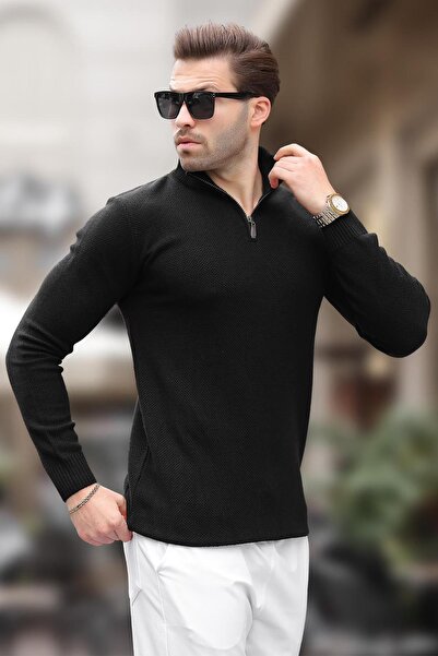 Madmext Siyah Fermuar Yaka Uzun Kollu Örme Kazak 7286