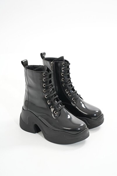 infon shoes creation FZ-2550 Siyah Rugan Yüksek Tabanlı Bağcıklı Fermuarlı Günlük Kadın Bot