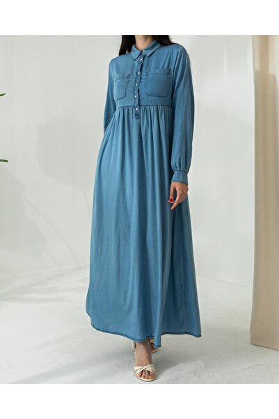 Meri Store Cep Detaylı Çıtçıt Düğmeli Mavi İnce Elbise